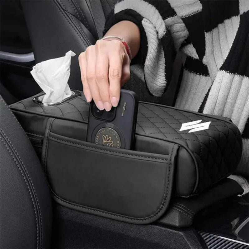 Universal Car Armrest Cushion with Tissue Box & Storage Pocket